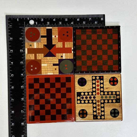 4 Piece Ceramic Game Coaster Set Cork Back Checker Chess Inspired Red Shed Gift - Picture 12 of 13